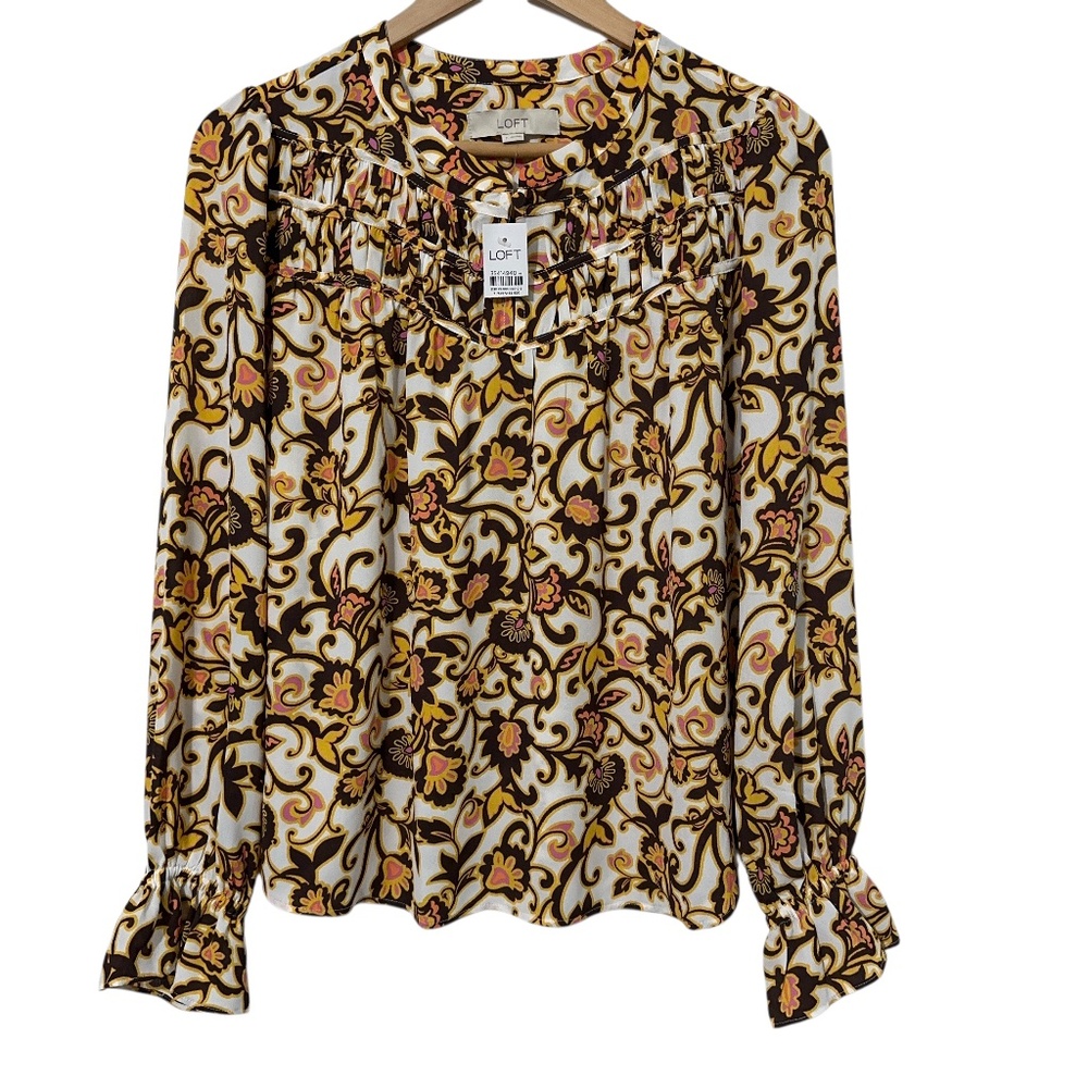 NWT Ann Taylor Loft Women Paisley Top Size S Ruched Yoke Autumn